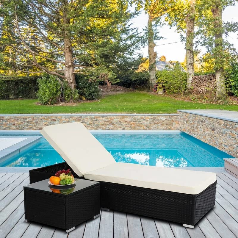 Gaston Outdoor Swimming Poolside Lounger With Side Table (Black White)