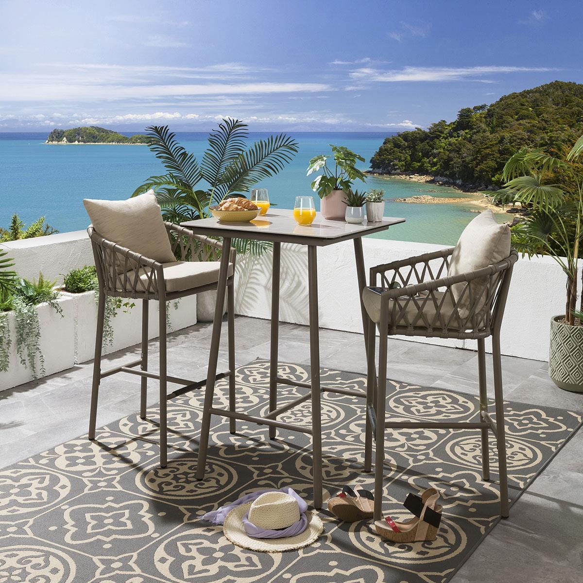 Teófila Outdoor Patio Bar Set Chairs and Table Set Braided Rope