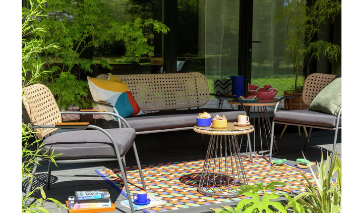 Meta Outdoor Garden Balcony Sofa Set 2 Seater , 2 Single seater , 1 side table and 1 Center Table  Set (Honey + Grey)