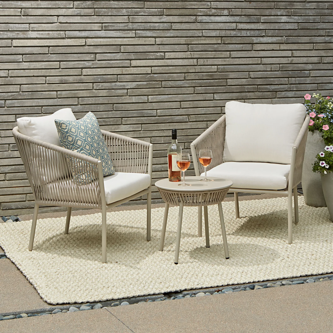 Kalpa Outdoor Patio Seating Set 2 Chairs and 1 Table Set (Beige) Braided & Rope