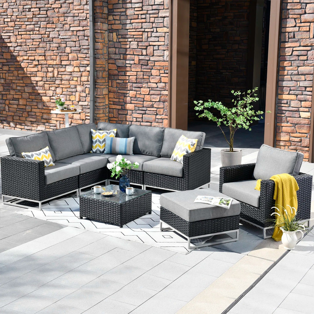 Slue Outdoor Sofa Set 5 Seater , Single seater With Ottoman and 1 Center Table Set (Black)