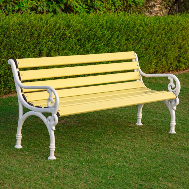 Trefor Cast Iron 3 Seater Garden Bench for Outdoor Park - (Yellow + White)