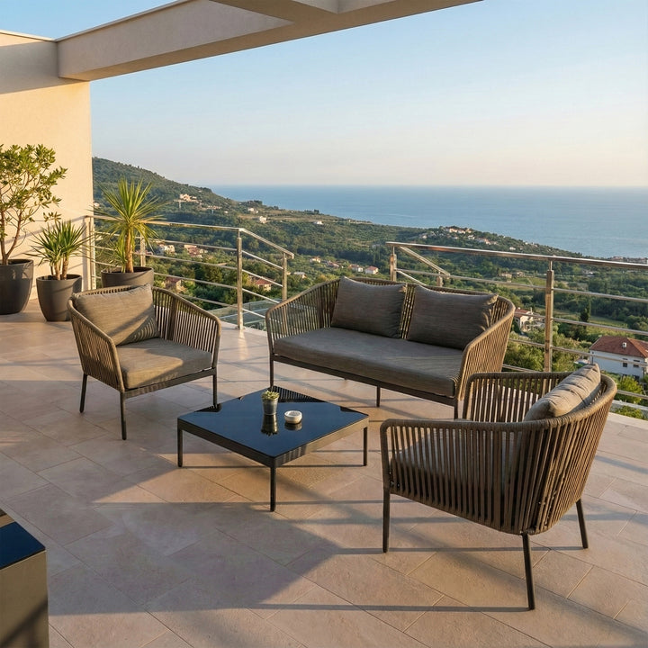 Athan Outdoor Garden Balcony Sofa Set 2 Seater , 2 Single Seater 1 Center Table Set (Dark Grey) Braided and Rope