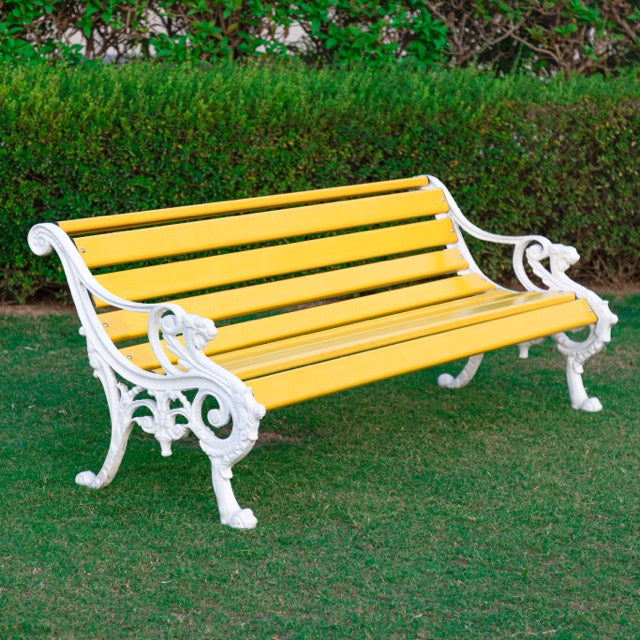 Pryce Cast Iron 3 Seater FRP Garden Bench for Outdoor Park - (Yellow + White)