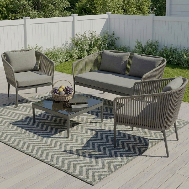 Athan Outdoor Garden Balcony Sofa Set 2 Seater , 2 Single Seater 1 Center Table Set (Dark Grey) Braided and Rope