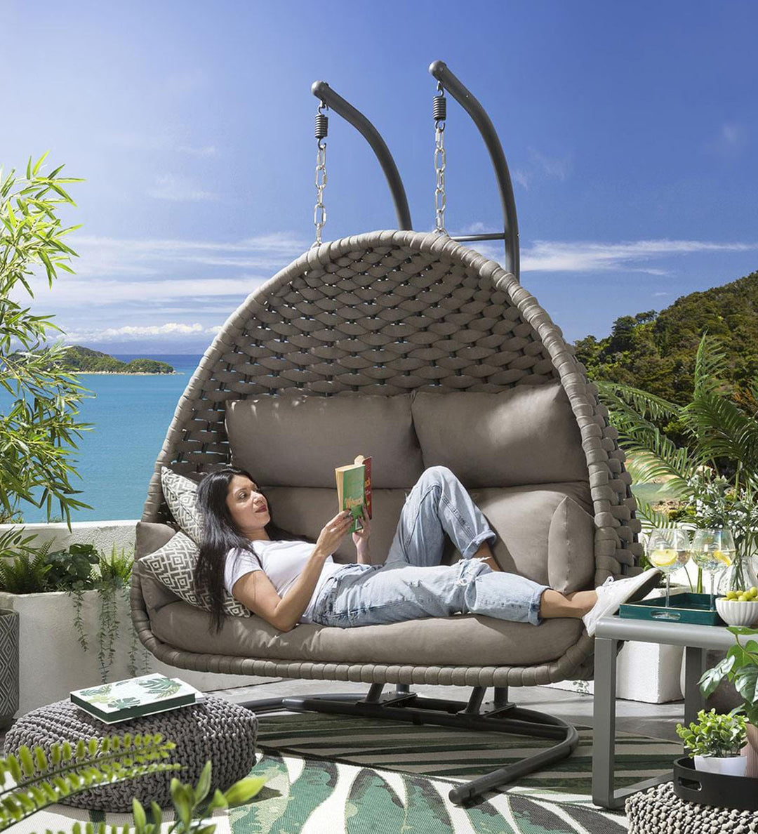 Afon Double Seater Hanging Swing With Stand For Balcony, Garden Swing (Silk Grey) Braid & Rope