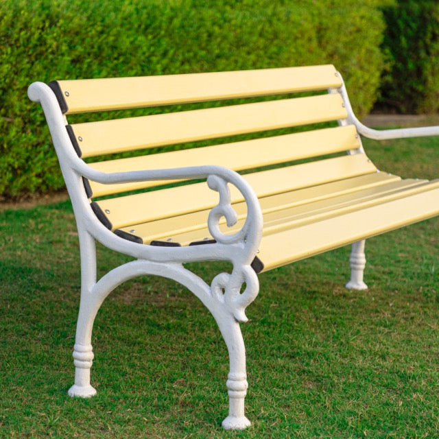 Trefor Cast Iron 3 Seater Garden Bench for Outdoor Park - (Yellow + White)