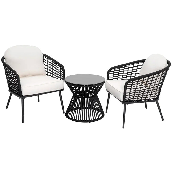 Spiff Outdoor Patio Seating Set 2 Chairs and 1 Table Set (Black + White) Braided & Rope