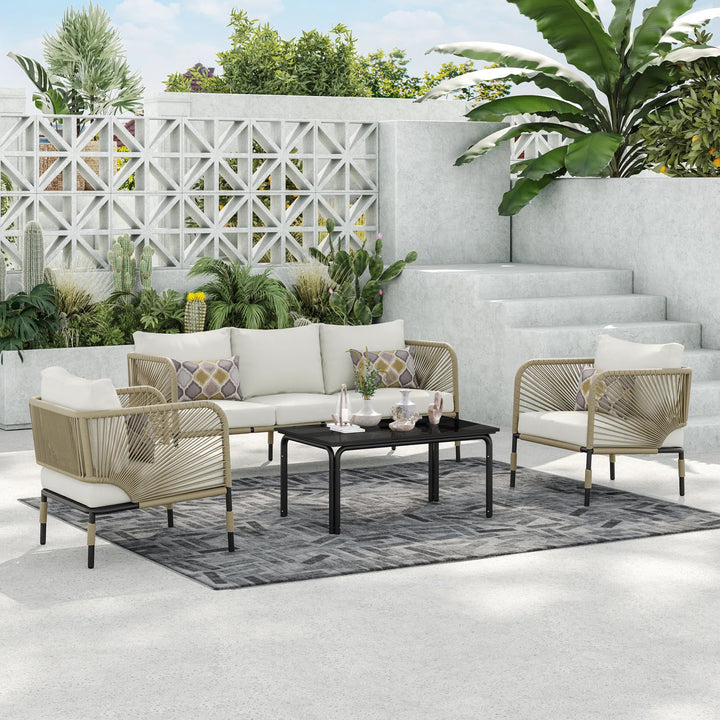 Kylie Outdoor Sofa Set 3 Seater , 2 Single seater and 1 Center Table Braided & Rope(Tan)