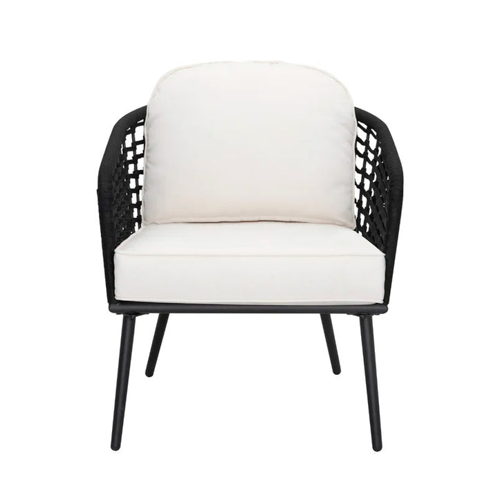 Spiff Outdoor Patio Seating Set 2 Chairs and 1 Table Set (Black + White) Braided & Rope
