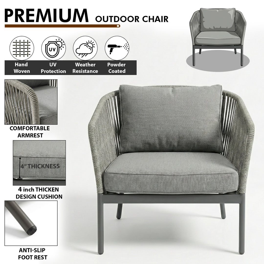 Athan Outdoor Garden Balcony Sofa Set 2 Seater , 2 Single Seater 1 Center Table Set (Dark Grey) Braided and Rope
