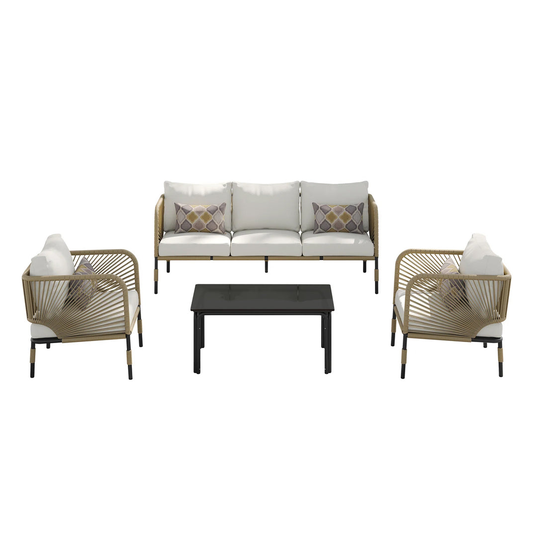 Kylie Outdoor Sofa Set 3 Seater , 2 Single seater and 1 Center Table Braided & Rope(Tan)