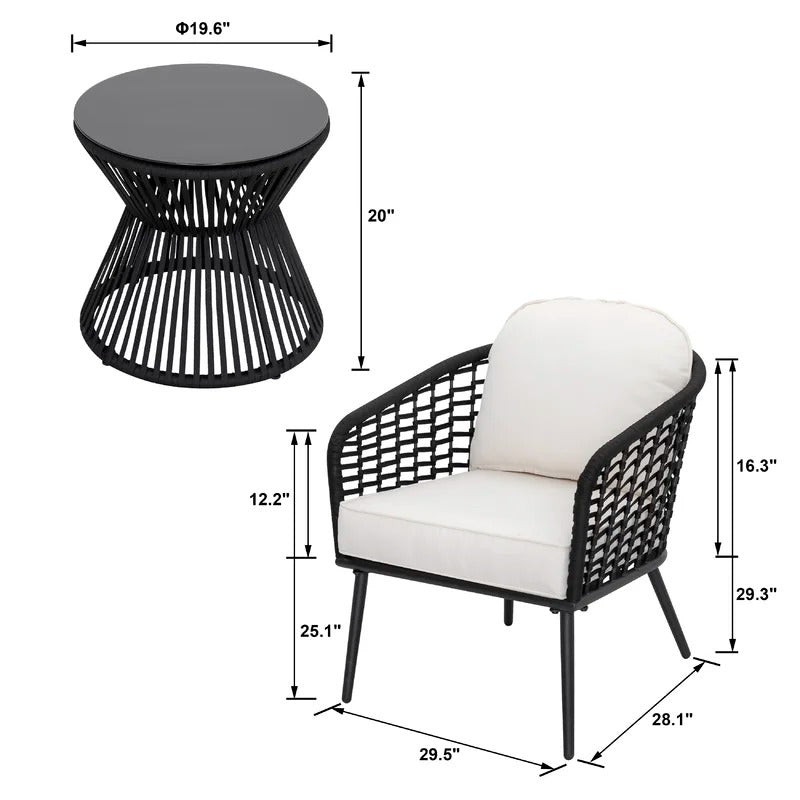 Spiff Outdoor Patio Seating Set 2 Chairs and 1 Table Set (Black + White) Braided & Rope