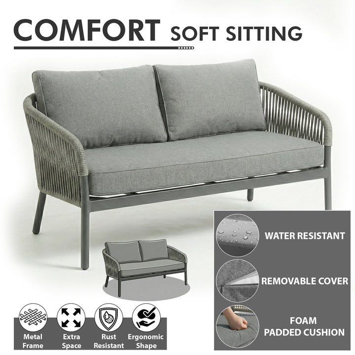 Athan Outdoor Garden Balcony Sofa Set 2 Seater , 2 Single Seater 1 Center Table Set (Dark Grey) Braided and Rope