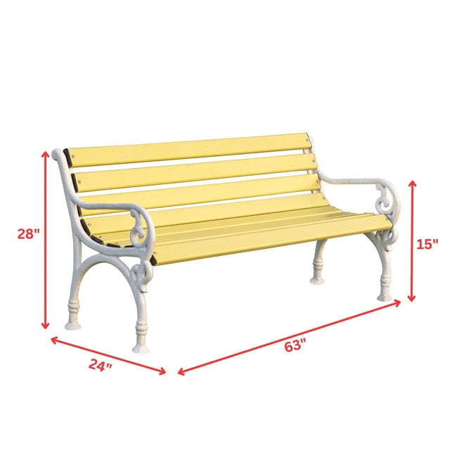 Trefor Cast Iron 3 Seater Garden Bench for Outdoor Park - (Yellow + White)