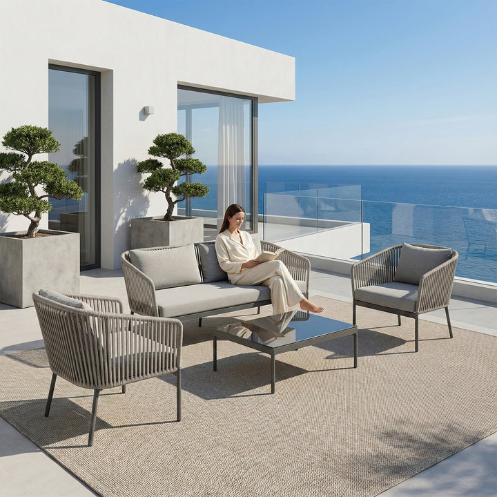 Athan Outdoor Garden Balcony Sofa Set 2 Seater , 2 Single Seater 1 Center Table Set (Dark Grey) Braided and Rope