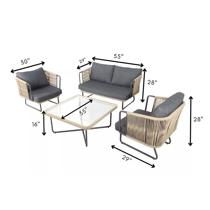 Belle Outdoor Garden Balcony Sofa Set 2 Seater , 2 Single Seater 1 Center Table Set (Dark Grey) Braided and Rope