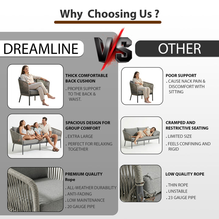 Athan Outdoor Garden Balcony Sofa Set 2 Seater , 2 Single Seater 1 Center Table Set (Dark Grey) Braided and Rope