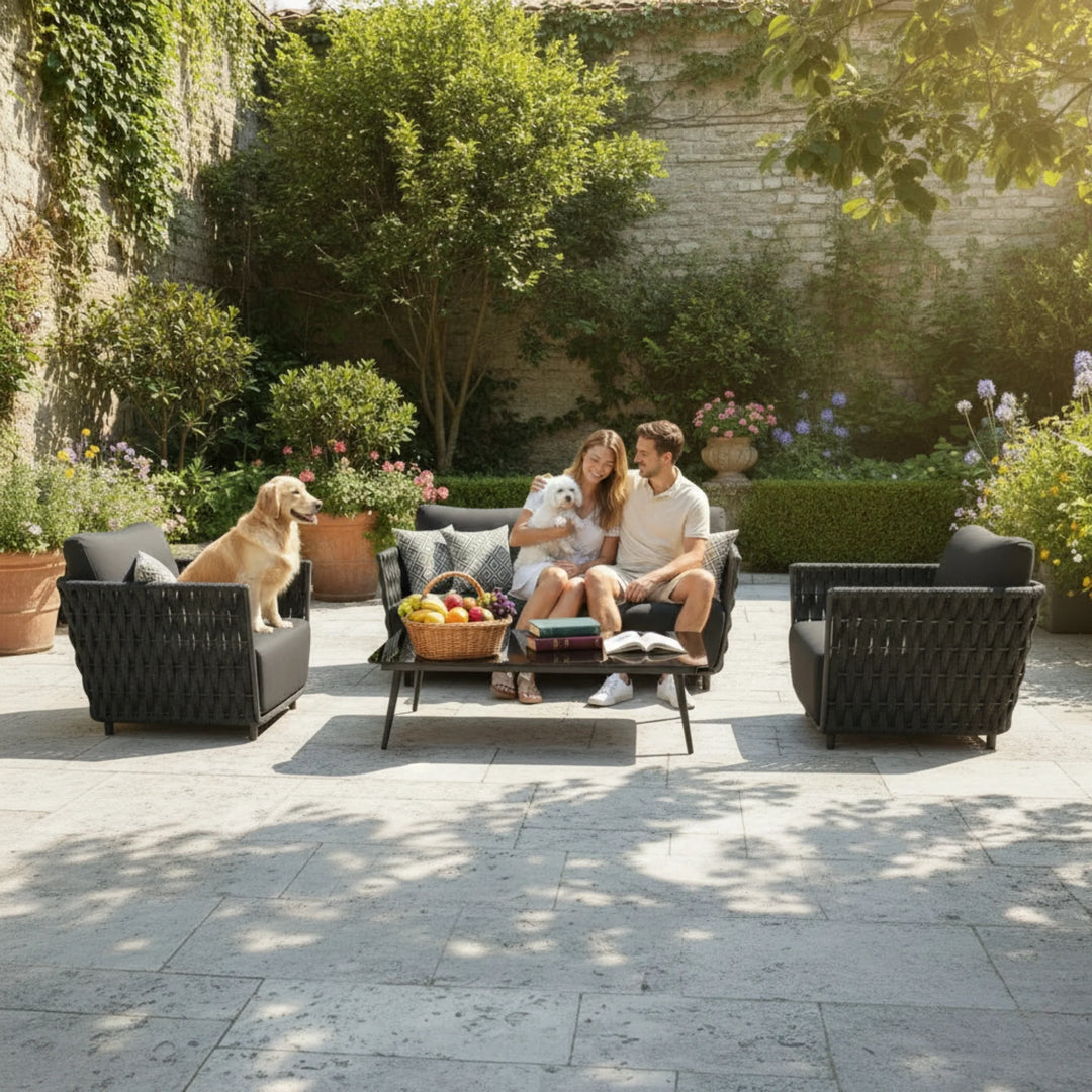 Vanyr Outdoor Garden Balcony Sofa Set 2 Seater , 2 Single Seater 1 Center Table Set (Black) Braided and Rope