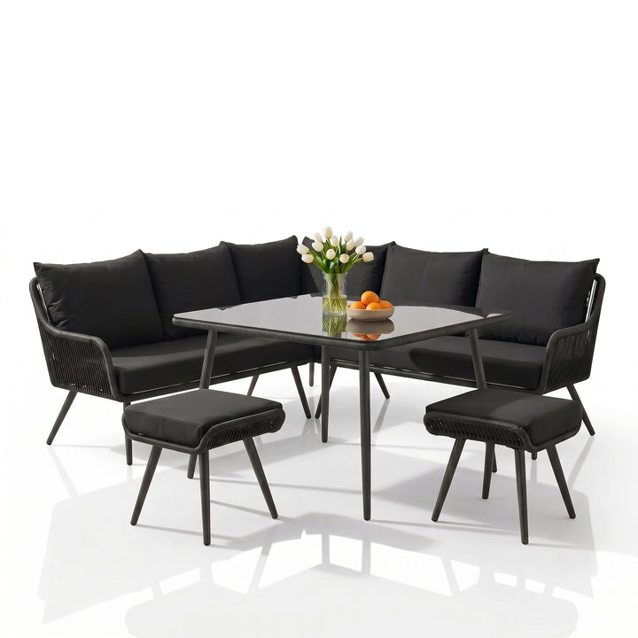 Stash Outdoor Garden Balcony Sofa Set 5 Seater  and 1 Center Table With 2 Ottoman Set (Beige)