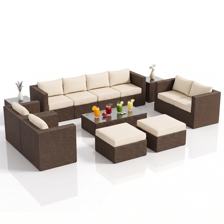Olivier Outdoor Sofa Set 4 Seater ,2 Seater, 2 Single Seater and 2 Center Table with 2 Ottoman Set (Brown +Cream)