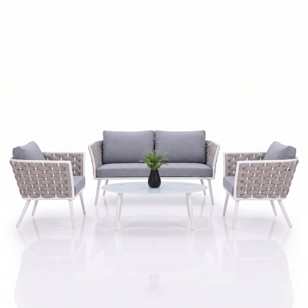 Pozen Outdoor Garden Balcony Sofa Set  2 Seater, 2 Single seater and 1 Center Table Set, Braid & Rope (White)