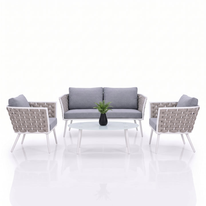 Pozen Outdoor Garden Balcony Sofa Set  2 Seater, 2 Single seater and 1 Center Table Set, Braid & Rope (White)