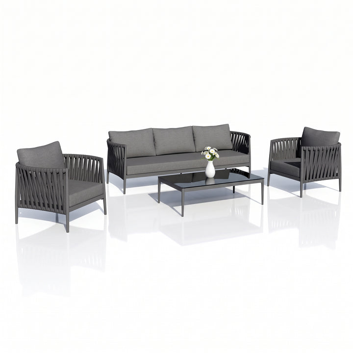 Pablo Outdoor Garden Balcony Sofa Set 3 Seater, 2 Single seater and 1 Table Set Braid & Rope (Dark Grey)