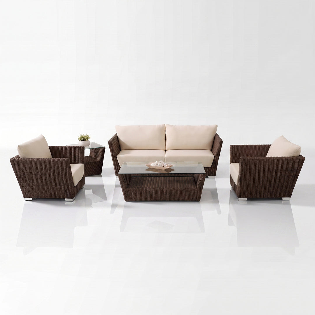 Reflin Outdoor Garden Balcony Sofa Set 2 Seater , 2 Single Seater and 1 Center Table With 1 Side Table Set (Brown + Beige)