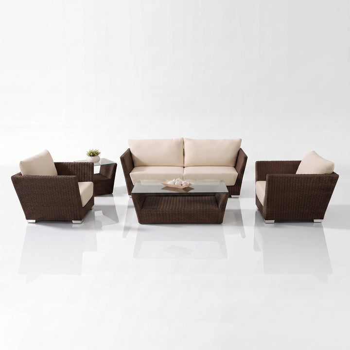 Reflin Outdoor Garden Balcony Sofa Set 2 Seater , 2 Single Seater and 1 Center Table With 1 Side Table Set (Brown + Beige)