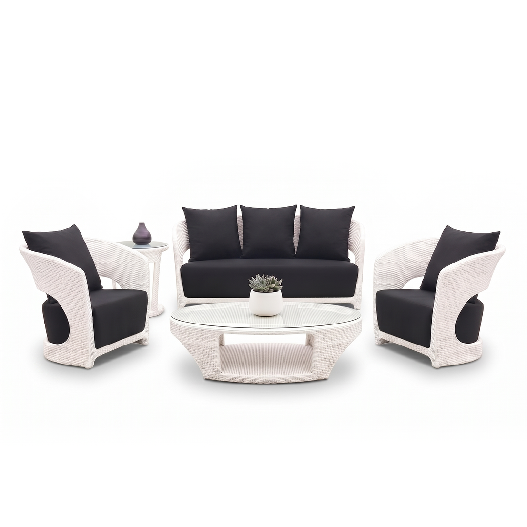 Zibra Outdoor Garden Balcony Sofa Set 2 Seater , 2  Single Seater 1 Center Table With Side Table  Set (White)