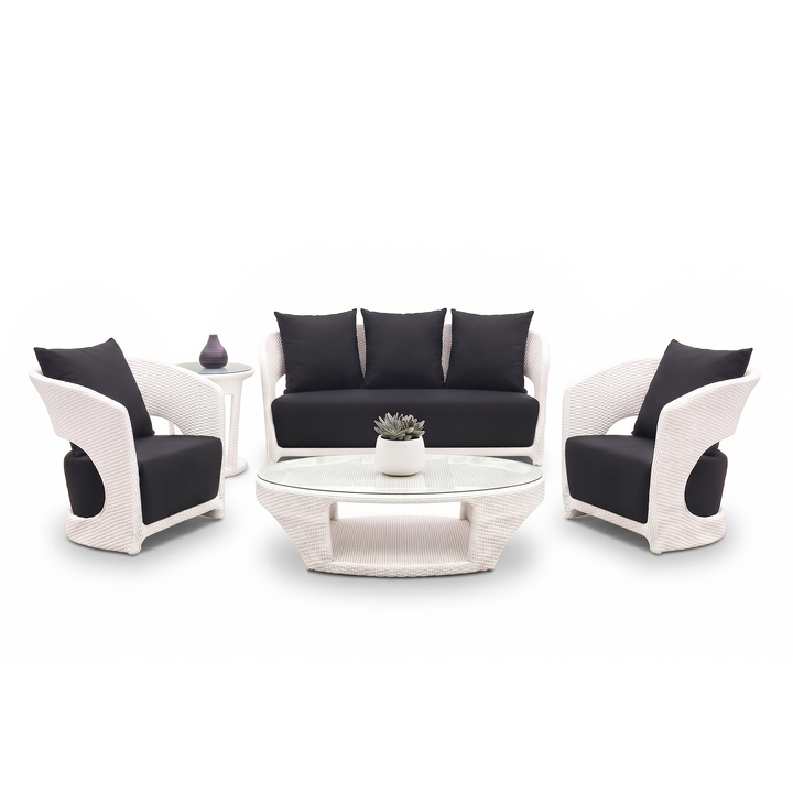 Zibra Outdoor Garden Balcony Sofa Set 2 Seater , 2  Single Seater 1 Center Table With Side Table  Set (White)