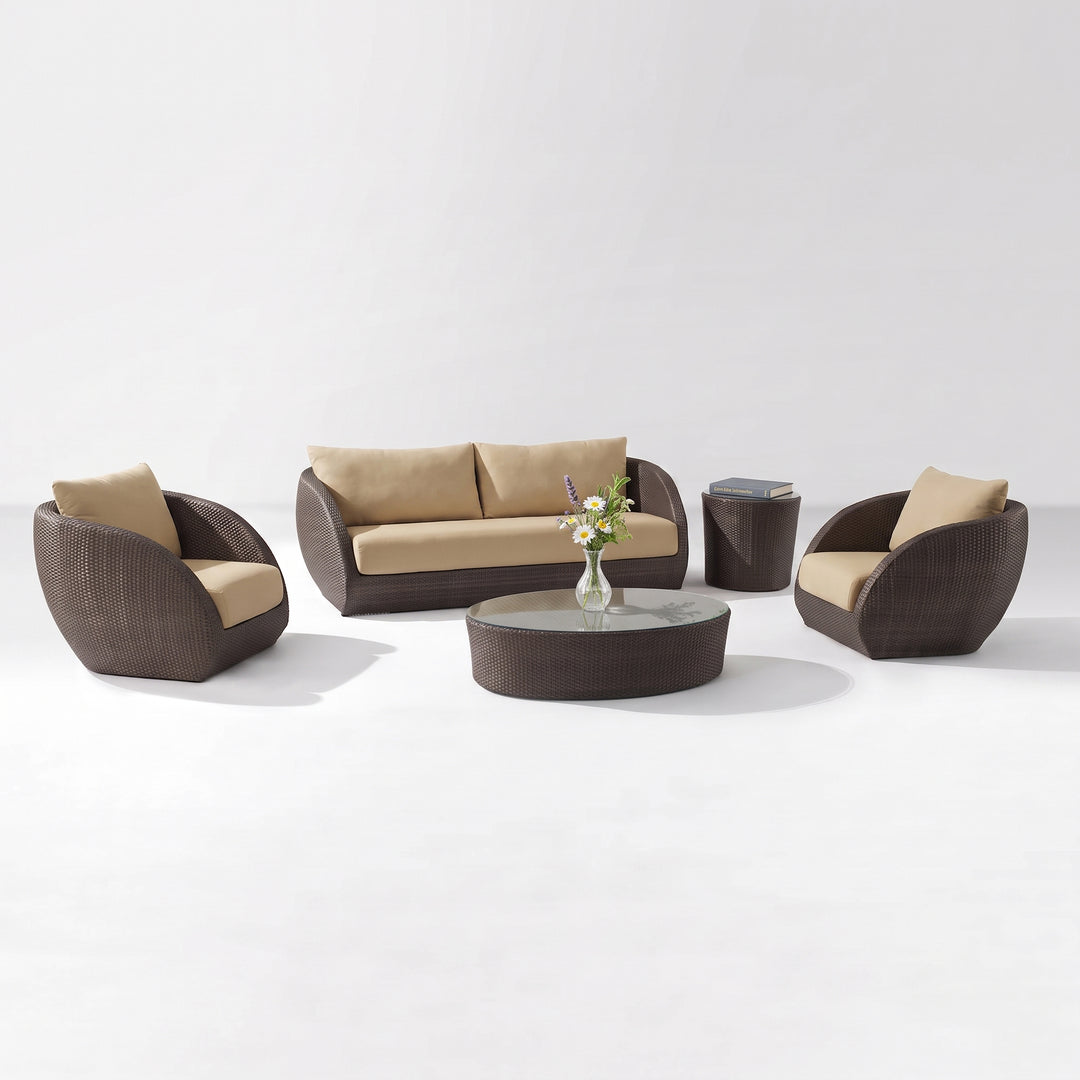 Zomera Outdoor Garden Balcony Sofa Set 3 Seater, 2 Single seater and 1 Center Table With Side Table Set (Brown)