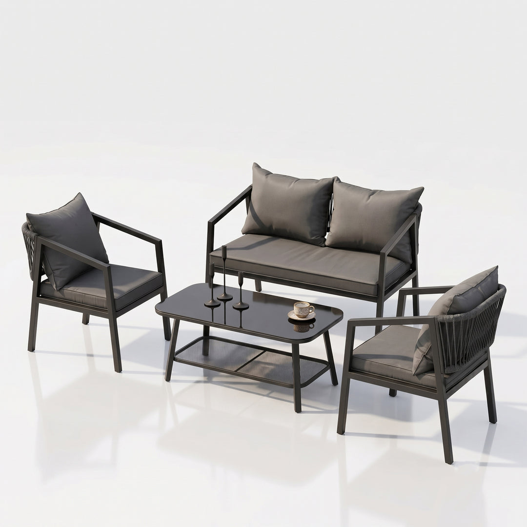 Siti Outdoor Garden Balcony Sofa Set 2 Seater , 2 Single Seater 1 Center Table Set (Black) Braided and Rope