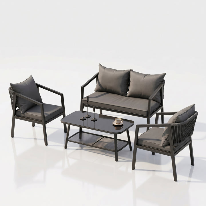Siti Outdoor Garden Balcony Sofa Set 2 Seater , 2 Single Seater 1 Center Table Set (Black) Braided and Rope