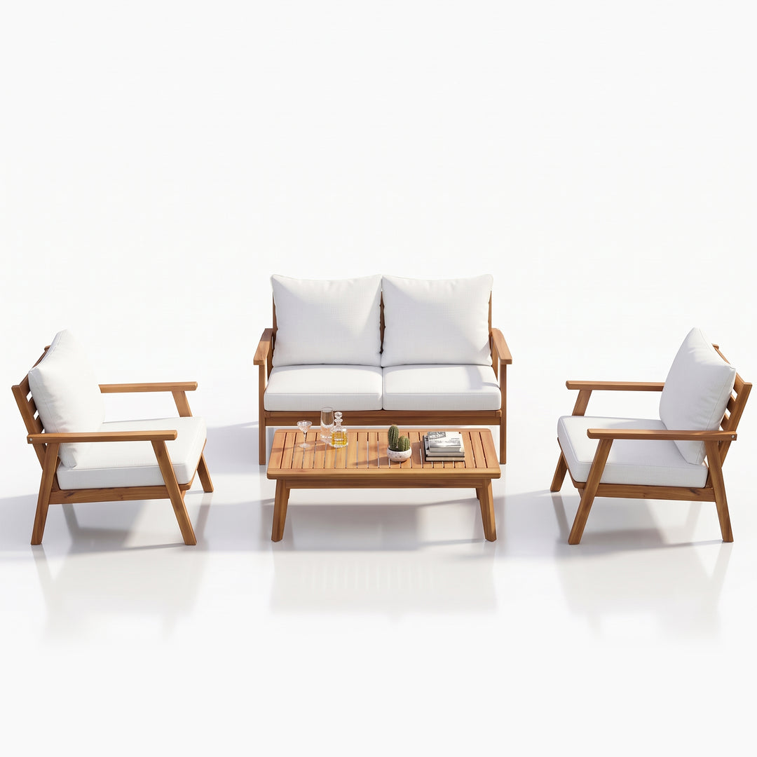 Terra Outdoor Garden Balcony Sofa Set 2 Seater , 2 Single Seater 1 Center Table Set (White) Teak Wood and Braided & Rope