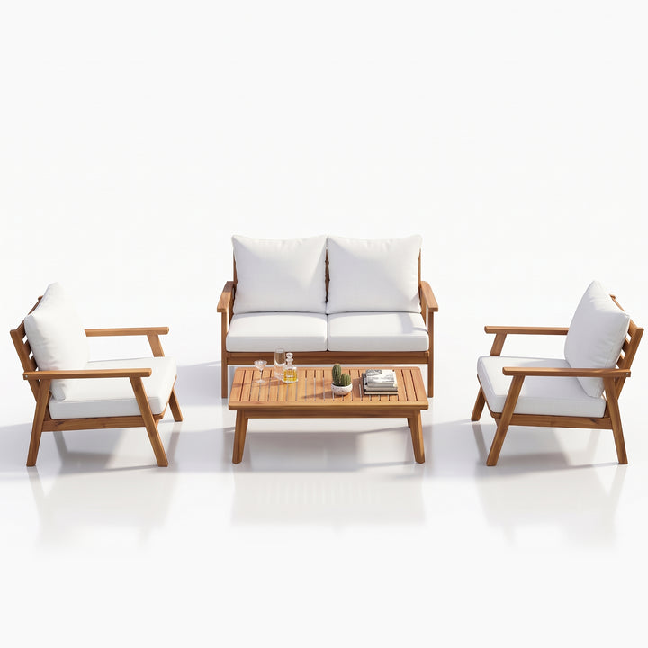 Terra Outdoor Garden Balcony Sofa Set 2 Seater , 2 Single Seater 1 Center Table Set (White) Teak Wood and Braided & Rope