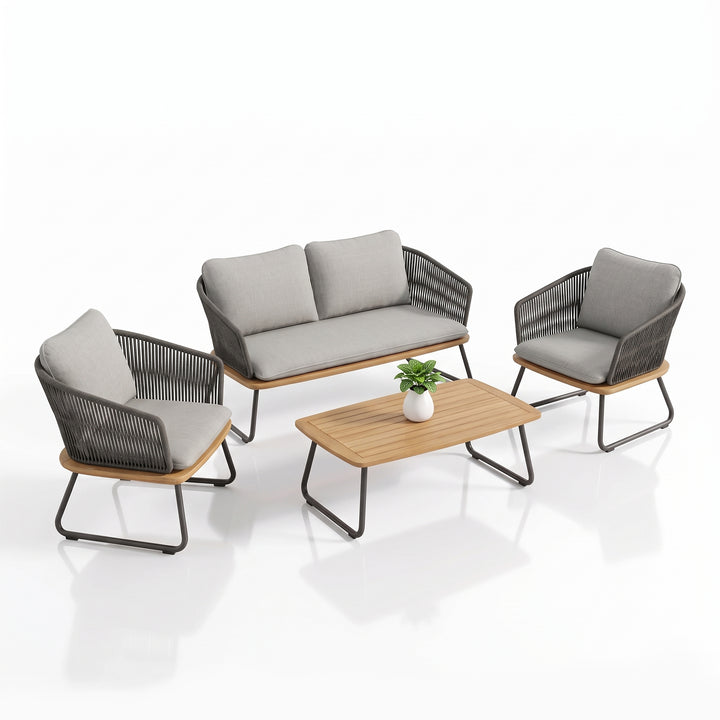 Reevo Outdoor Garden Balcony Sofa Set 2 Seater , 2 Single Seater 1 Center Table Set (Dark Grey) Braided and Rope