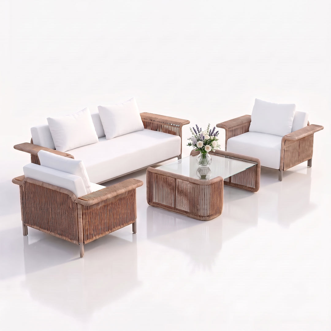 Parlak Outdoor Garden Balcony Sofa Set 2 Seater, 2 Single seater and 1 Center Table  Set (Beige) Braided & Rope