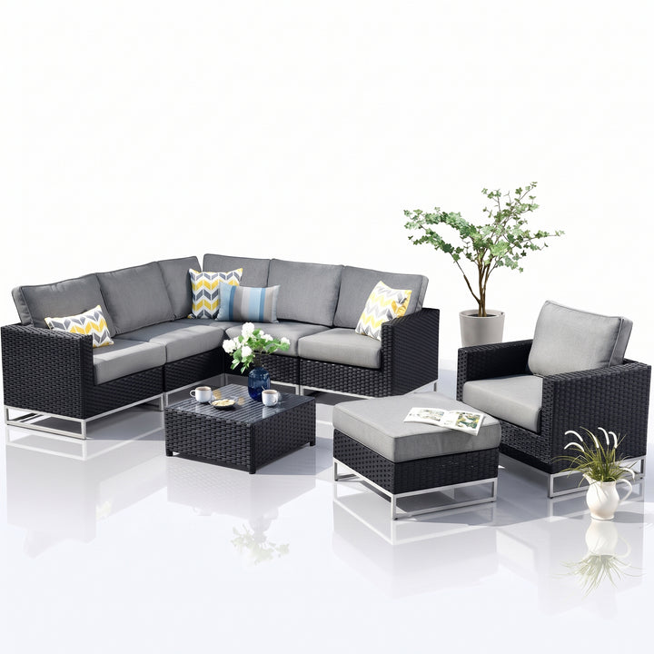 Slue Outdoor Sofa Set 5 Seater , Single seater With Ottoman and 1 Center Table Set (Black)