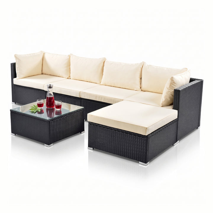 Ollie Outdoor Patio Sofa Set 4 Seater and 1 Table With 1 Ottoman Set (Black + Cream)
