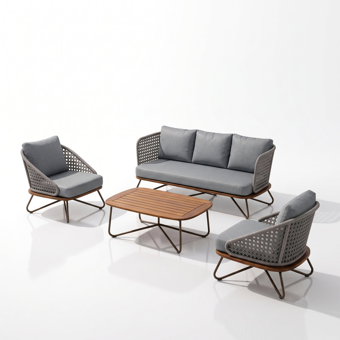Marcela Outdoor Sofa Set 3 Seater, 2 Single seater and 1 Center Table Set (Grey) Braided & Rope