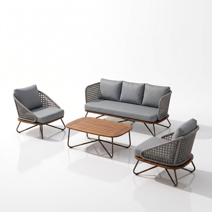 Marcela Outdoor Sofa Set 3 Seater, 2 Single seater and 1 Center Table Set (Grey) Braided & Rope