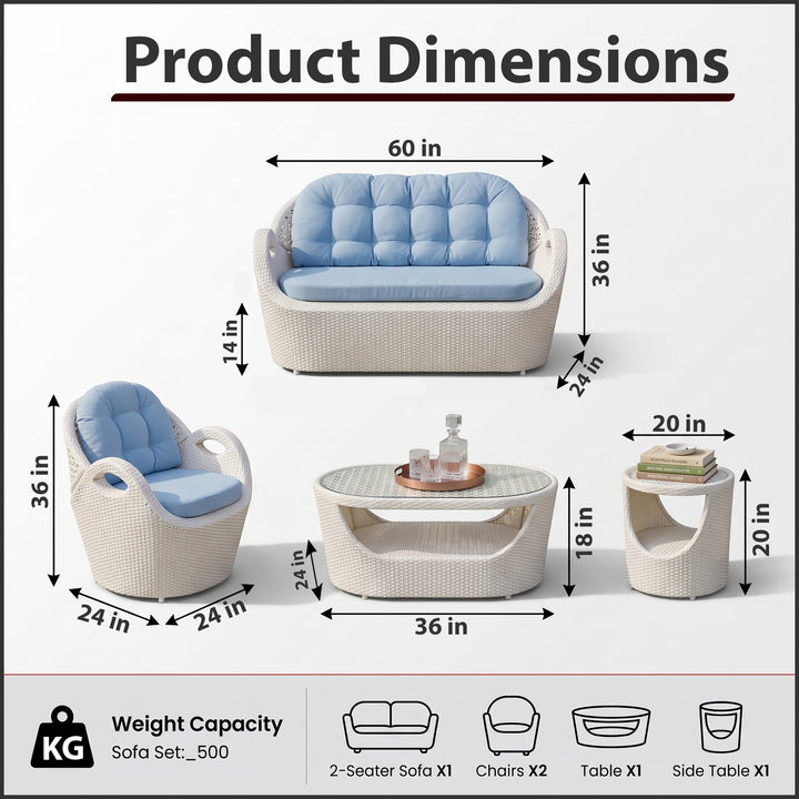 Arana Outdoor Sofa Set 2 Seater, 2 Single seater, 1 Side table and 1 Center Table (White)