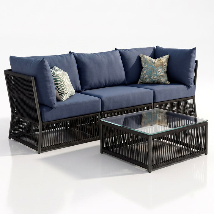 Adán Outdoor Sofa Set 3 Seater and 1 Center Table Set Braided & Rope