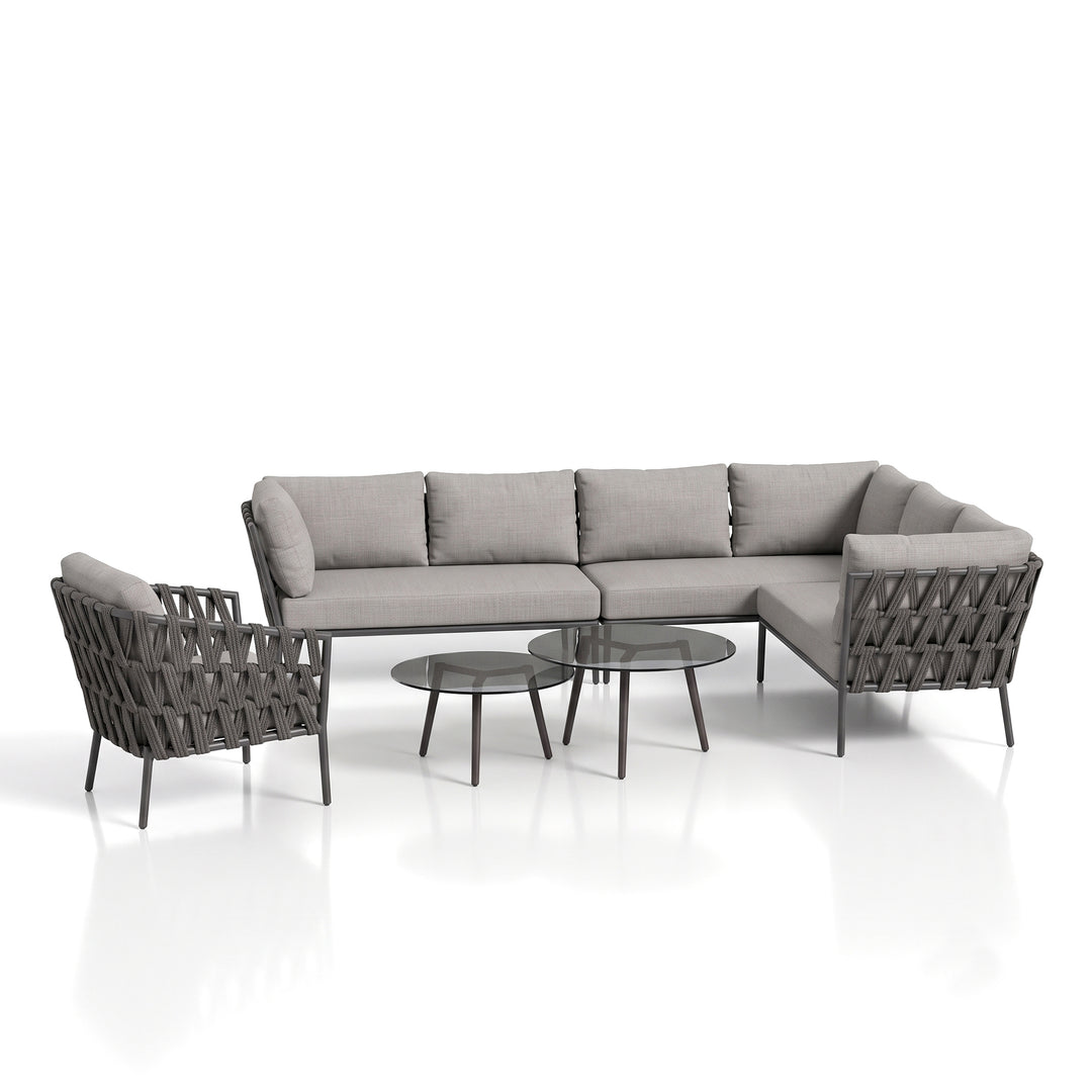 Magnus Outdoor Sofa Set 5 Seater, 1 Single seater and 2 Center Table Set (Dark Grey) Braided & Rope