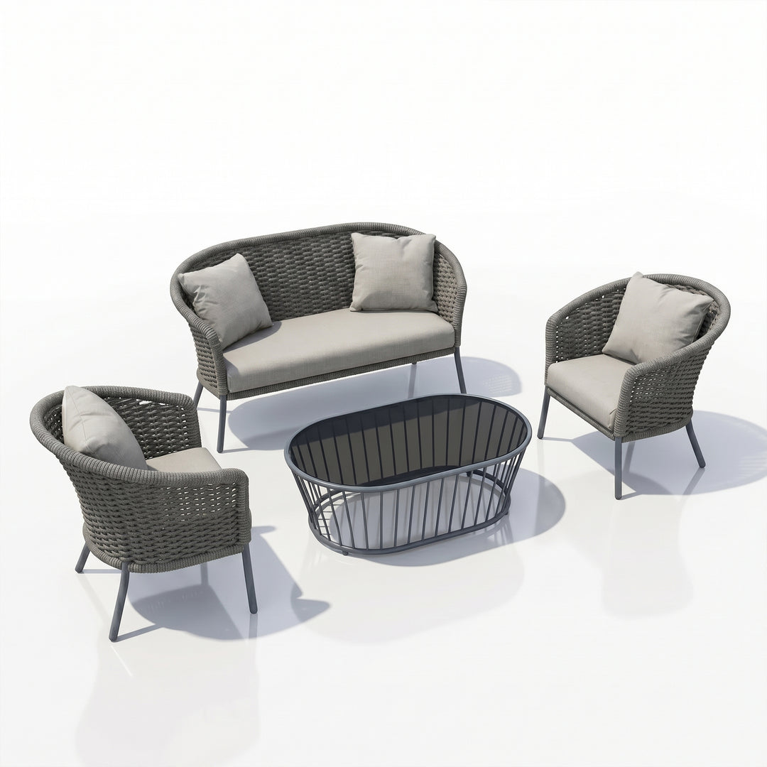 Eira Outdoor Garden Balcony Sofa Set 2 Seater , 2 Single Seater 1 Center Table Set (Black) Braided and Rope