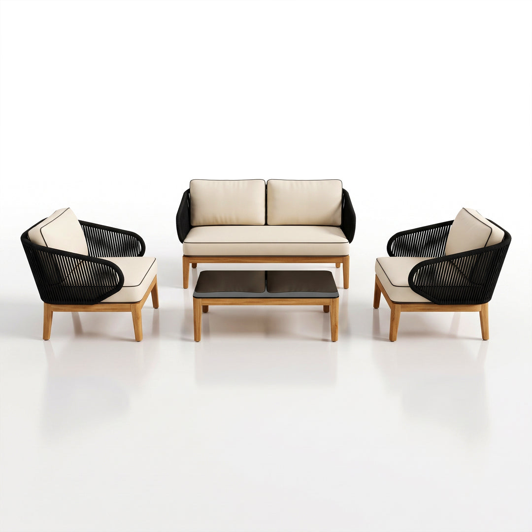 Laur Outdoor Sofa Set 2 Seater , 2 Single seater and 1 Center Table (Black + Beige) Braided & Rope