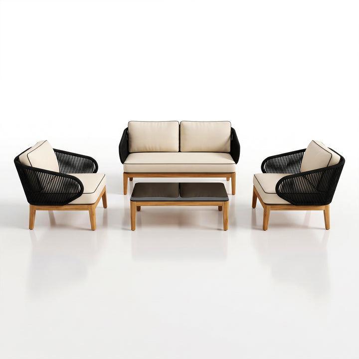 Laur Outdoor Sofa Set 2 Seater , 2 Single seater and 1 Center Table (Black + Beige) Braided & Rope