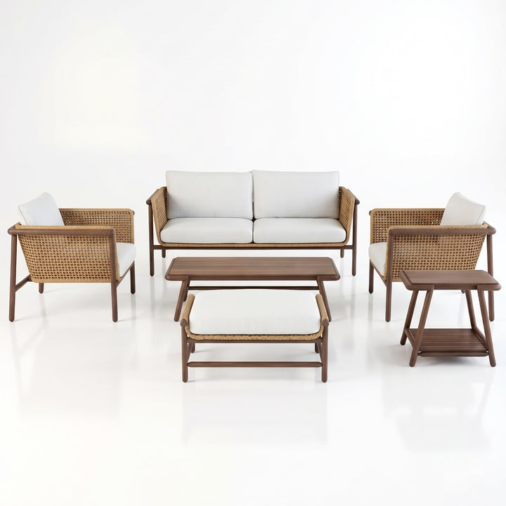 Zamioma Outdoor Garden Balcony Sofa Set 2 Seater, 2 Single seater, 1 Ottoman, 1 Coffee Table and 1 Side Table Conversation Set (Honey)